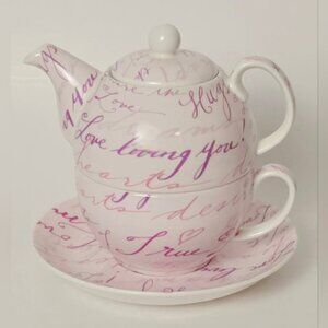 Teaopia Tea For One Pink and Purple Script Teapot Set